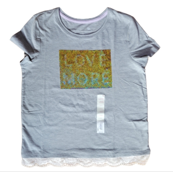 SO  Lace Trim Graphic Tee  Gray  Reversible Sequins  LOVE MORE  Size L 10/12 NEW - Picture 2 of 4
